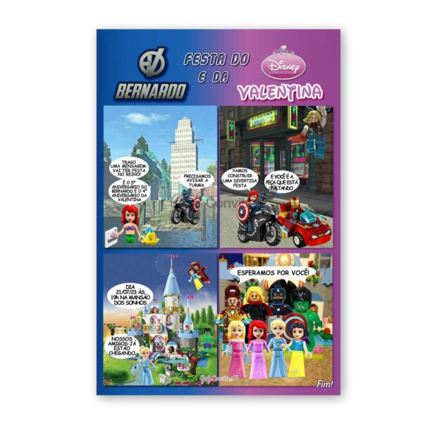 Convite Aniversário Princesas e Super Heróis Lego Digital em Quadrinhos